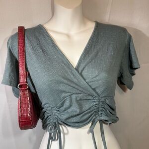 Live To Be Spoiled Blue Ruched Tie Front Crop Top Flutter Sleeve Size L